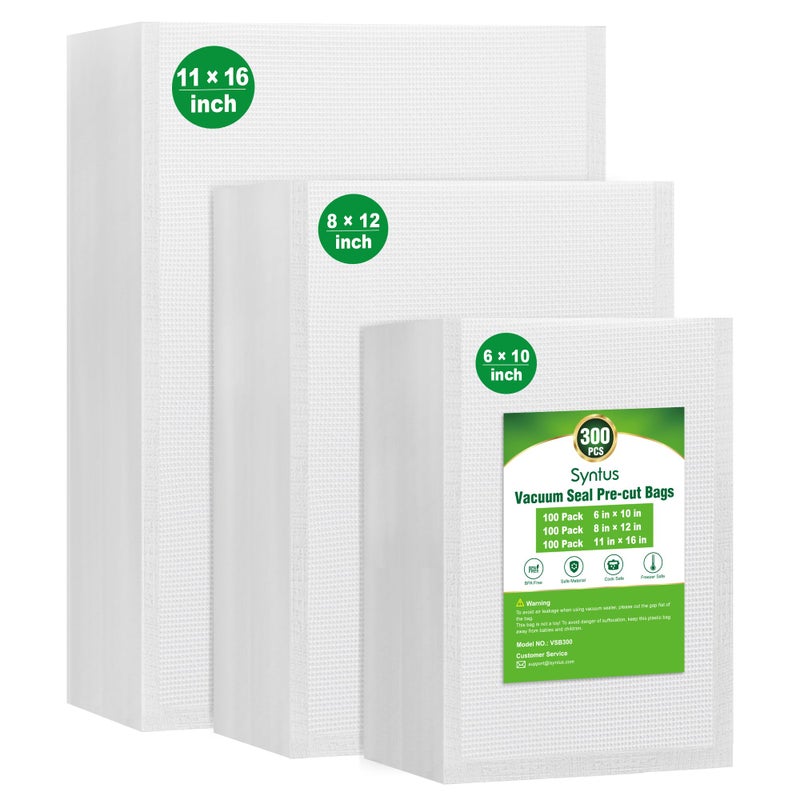 Syntus Vacuum Sealer Bags, 300 Gallon 11" x 16" and Quart 8" x 12" and Pint 6" x 10" Commercial Grade PreCut Bag, BPA Free Food Vac Bags for Storage, Meal Prep or Sous Vide - Image 1