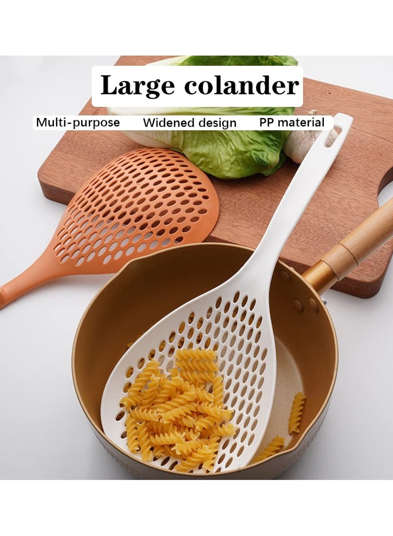 2-Piece Large Scoop Colander Strainer Set, Heat-Resistant Slotted Spoon and Skimmer for Kitchen Cooking and Baking, Durable Thermoplastic Utensils in White and Orange.  - Image 4