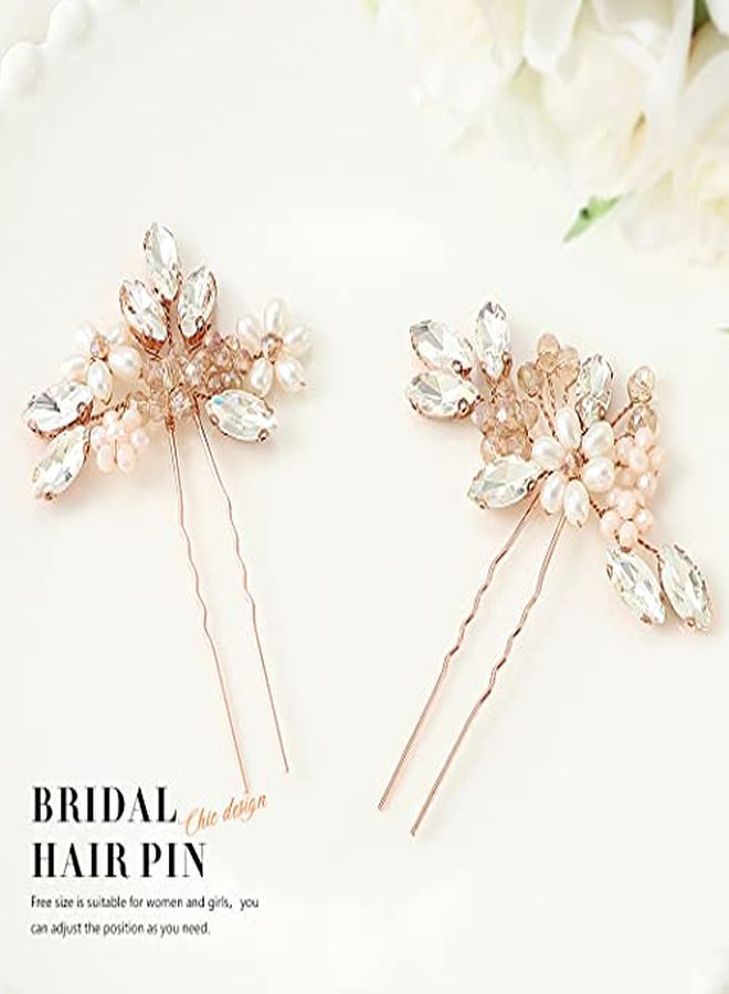 Unicra دبابيس شعر العروس زهور الزفاف قطع شعر كريستالية إكسسوارات شعر لؤلؤة دبابيس شعر لحفلات اللؤلؤ مجوهرات شعر كريستالية قطع رأس للنساء والفتيات (عبوة من 2) (ذهب وردي) - Image 5