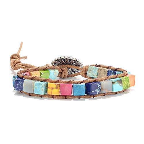 sedmart 7 Chakra Bracelets for Women with Real Stones Leather Wrap Healing Bead Bracelet Women Men Boho Friendship Jewelry… (Flower Button & Square Stone) - Image 3
