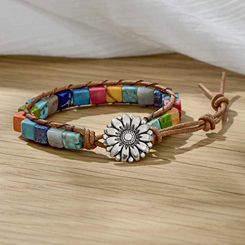 sedmart 7 Chakra Bracelets for Women with Real Stones Leather Wrap Healing Bead Bracelet Women Men Boho Friendship Jewelry… (Flower Button & Square Stone) - Image 4