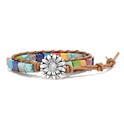 sedmart 7 Chakra Bracelets for Women with Real Stones Leather Wrap Healing Bead Bracelet Women Men Boho Friendship Jewelry… (Flower Button & Square Stone) - Image 1