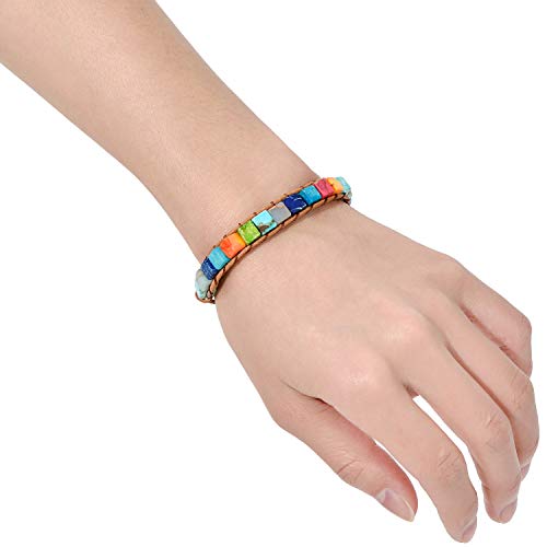 sedmart 7 Chakra Bracelets for Women with Real Stones Leather Wrap Healing Bead Bracelet Women Men Boho Friendship Jewelry… (Flower Button & Square Stone) - Image 2