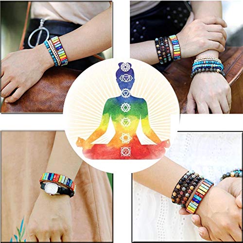 sedmart 7 Chakra Bracelets for Women with Real Stones Leather Wrap Healing Bead Bracelet Women Men Boho Friendship Jewelry… (Flower Button & Square Stone) - Image 5