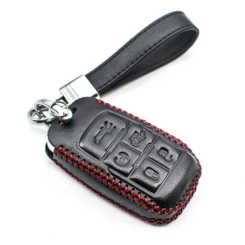INFIPAR Fit for Dodge Ram 2500 3500 4500 5500 Genuine Leather Smart Key Fob Case Cover Keyless Entry Protector with Key Chain 5Button BlackRed - Image 3