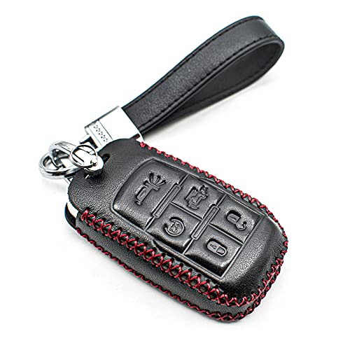 INFIPAR Fit for Dodge Ram 2500 3500 4500 5500 Genuine Leather Smart Key Fob Case Cover Keyless Entry Protector with Key Chain 5Button BlackRed - Image 1
