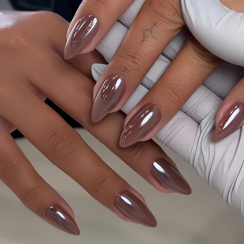 KQueenest Brown Press On Nails Almond - KQueenest Chrome Press On Nails Medium, Sparkle Gel Fake Nails Press on with Mirror Effect, Glitter Glue on Nails Medium, Reusable Stick On Nails for Women Fall Winter - Image 1