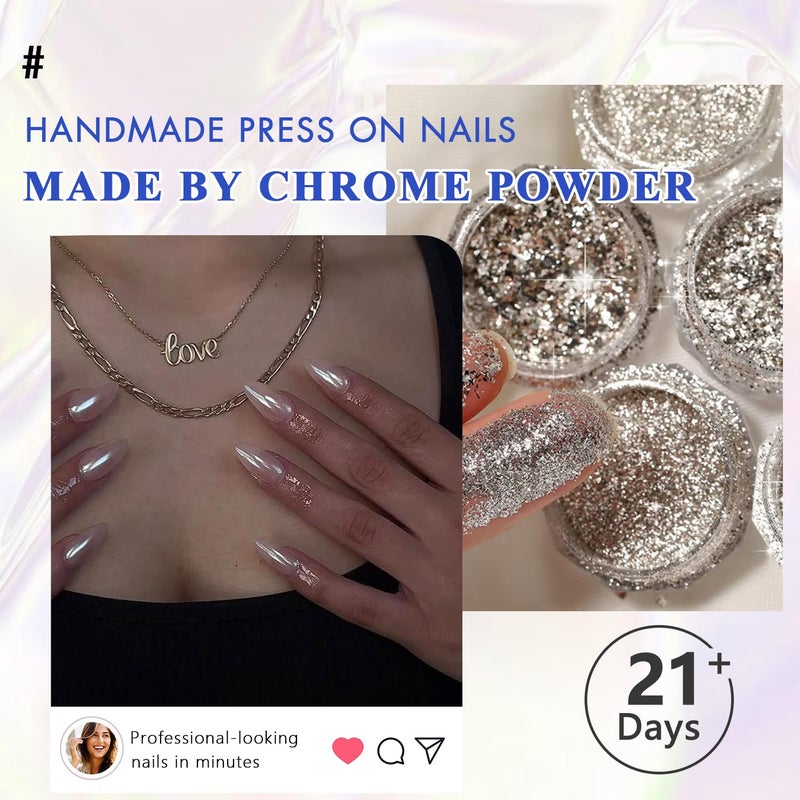 KQueenest Brown Press On Nails Almond - KQueenest Chrome Press On Nails Medium, Sparkle Gel Fake Nails Press on with Mirror Effect, Glitter Glue on Nails Medium, Reusable Stick On Nails for Women Fall Winter - Image 2