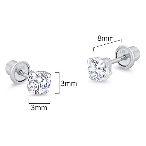 Lovearing 14k White Gold 3mm Basket Round Solitaire Cubic Zirconia Children Screw Back Baby Girls Earrings - Image 2