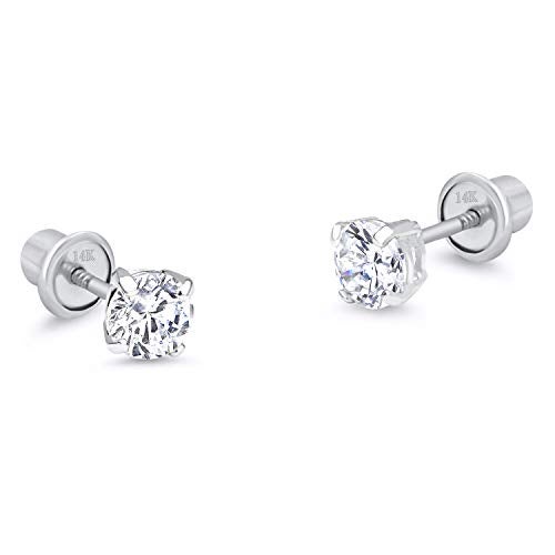 Lovearing 14k White Gold 3mm Basket Round Solitaire Cubic Zirconia Children Screw Back Baby Girls Earrings - Image 1