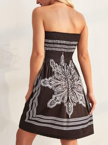CHICGAL Women's Beach Dress Bohemian Strapless Floral Print Cover Up Dresses (Black,Medium) - Image 3