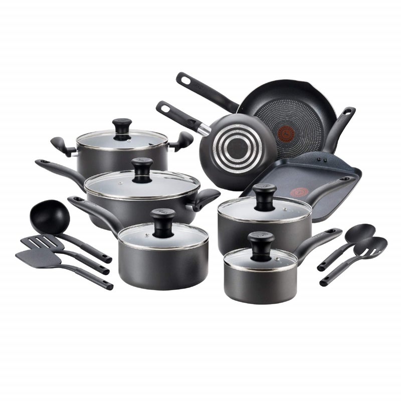 T-fal Initiatives Nonstick Cookware Set 18 Piece, Oven Broiler Safe 350F, Kitchen Cooking Set w/Fry Pans, Saucepans, Stockpots, Skillet, Spoons, Lids Pots and Pans Set Non Stick Dishwasher Safe Black - Image 1
