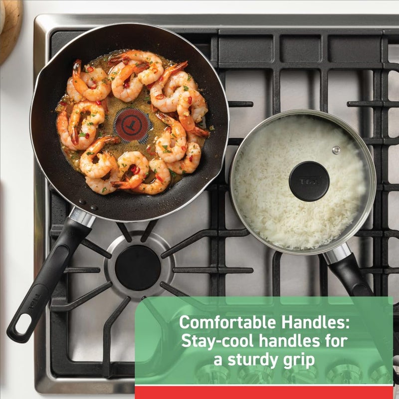 T-fal Initiatives Nonstick Cookware Set 18 Piece, Oven Broiler Safe 350F, Kitchen Cooking Set w/Fry Pans, Saucepans, Stockpots, Skillet, Spoons, Lids Pots and Pans Set Non Stick Dishwasher Safe Black - Image 3