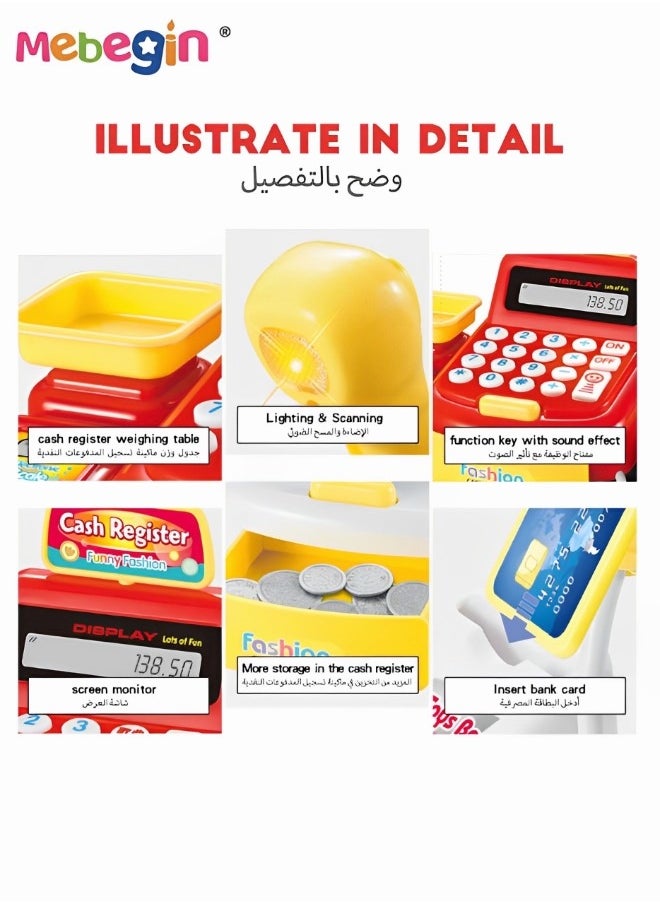 MEBEGIN Cash Register with Scanner Pretend Play Cashier Toy,Pretend Play Calculator Cash Register Toy as Preschool Gift for Kids,with Sound, Scanner, Pretend Credit Card, Coins for Boys Girls  - Image 5