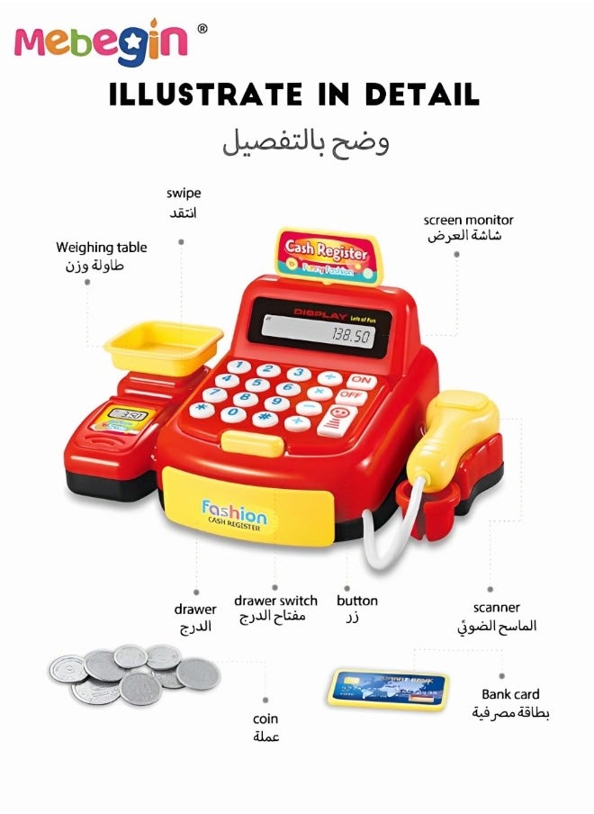 MEBEGIN Cash Register with Scanner Pretend Play Cashier Toy,Pretend Play Calculator Cash Register Toy as Preschool Gift for Kids,with Sound, Scanner, Pretend Credit Card, Coins for Boys Girls  - Image 4