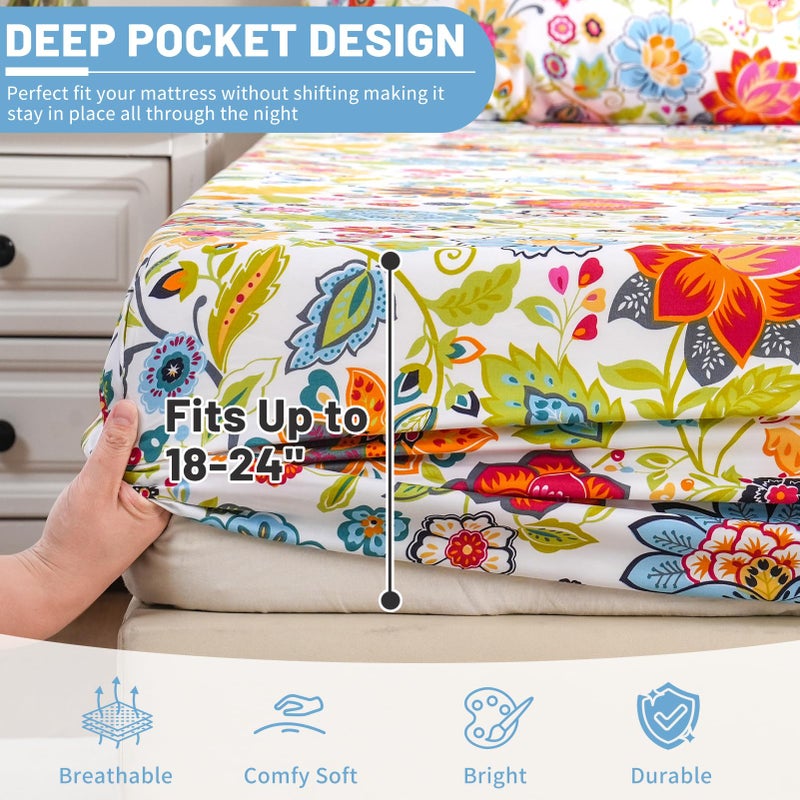 Bedlifes Queen Size Extra Deep Pocket Sheet Sets - Fits Mattresses Up to 18-24" Thick, 4-Piece Microfiber Set with 1800 Thread Count, Soft, Smooth, Breathable, Featuring Floral Spring Design - Image 2