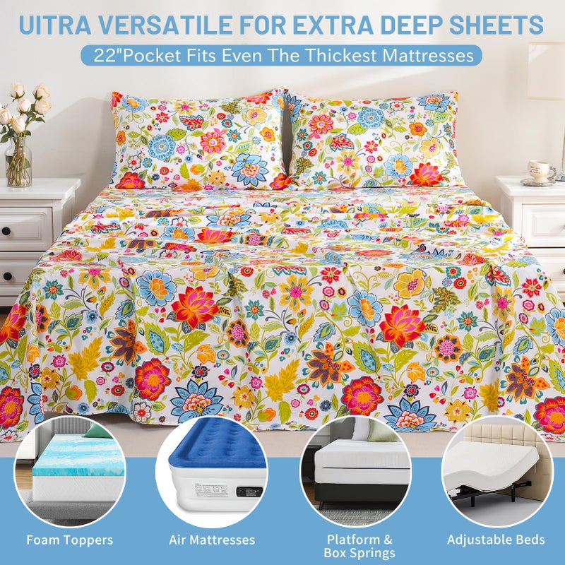 Bedlifes Queen Size Extra Deep Pocket Sheet Sets - Fits Mattresses Up to 18-24" Thick, 4-Piece Microfiber Set with 1800 Thread Count, Soft, Smooth, Breathable, Featuring Floral Spring Design - Image 5