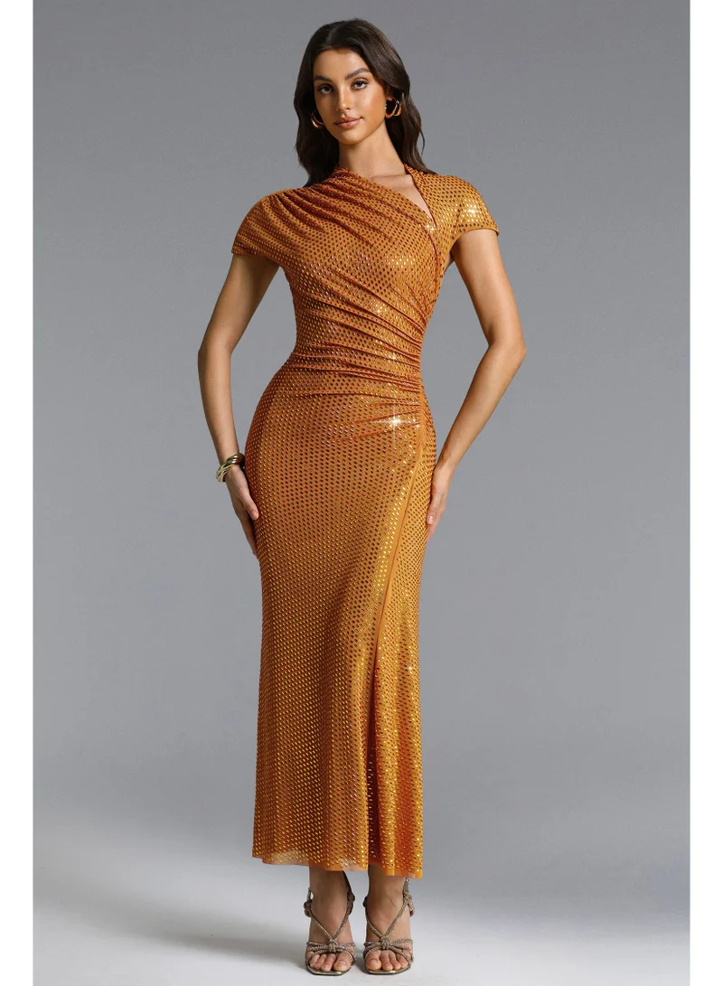 Bella Barnett Pora Chic Contour Asymmetric Ruched Crystal Knit Maxi Dress