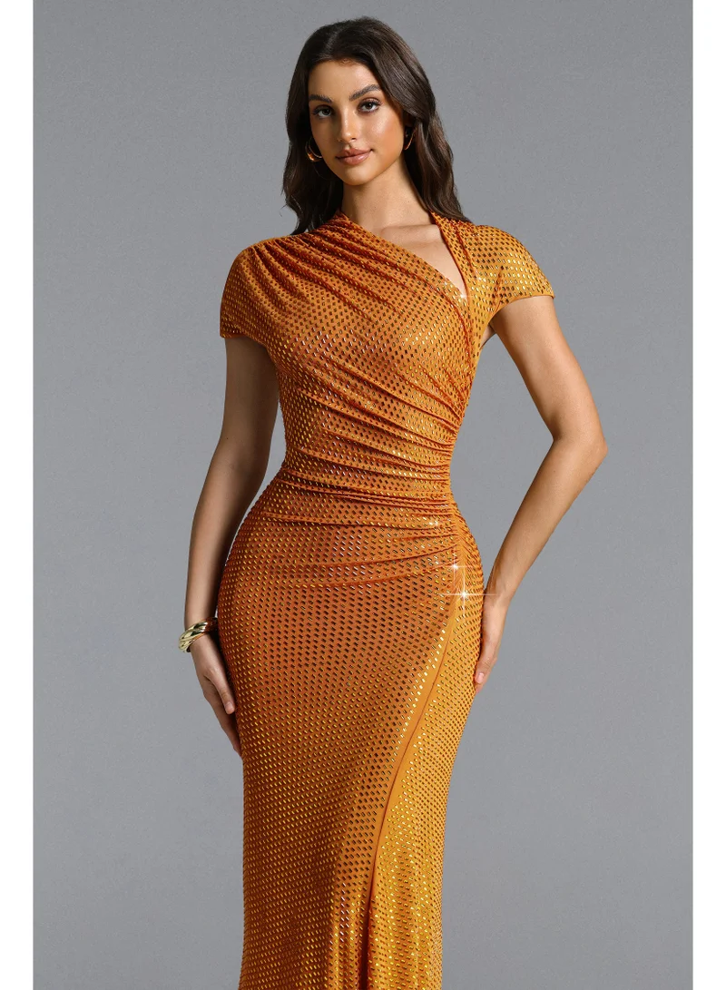 Bella Barnett Pora Chic Contour Asymmetric Ruched Crystal Knit Maxi Dress