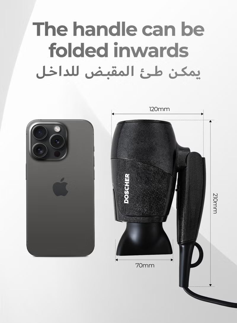 دوشر مجفف شعر محمول قابل للطي بقدرة 1000 واط، مزود بفوهة تركيز وحقيبة سفر، مع 3 سرعات للتشغيل وتصميم مدمج وخفيف الوزن.  يأتي بسلك طوله 2 متر مع رباط فيلكرو للتنظيم، ويدعم جهد كهربائي مزدوج للاستخدام في المنزل وأثناء السفر. - Image 3