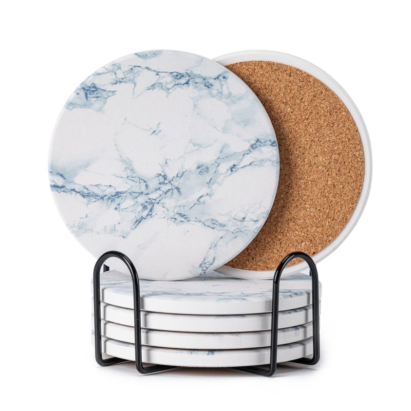 Hoewina 6Pcs Drink Coasters with Holder, Natural Style Ceramic Drink Coaster, Absorbent Coasters Set Suitable for Kinds of Cups, Modern Style Coasters for Coffee Table, 4 Inchesï¼ˆStyle 6ï¼‰ - Image 1