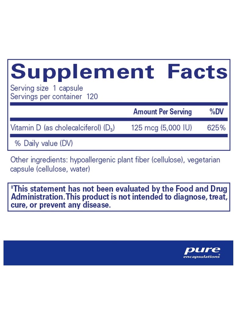 Pure Encapsulations Vitamin D3 125 mcg (5,000 IU)  Supplement to Support Bone, Joint, Breast, Heart, Colon, and Immune Health 120 Capsules - Image 2