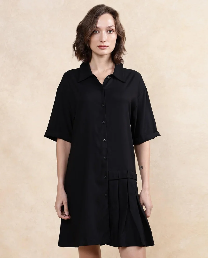 ريريزم Rareism Women's Dilijan Black Cotton Blend Fabric Drop Collar Button Closure Half Sleeve Plain Asymmetric Knee Length Dress