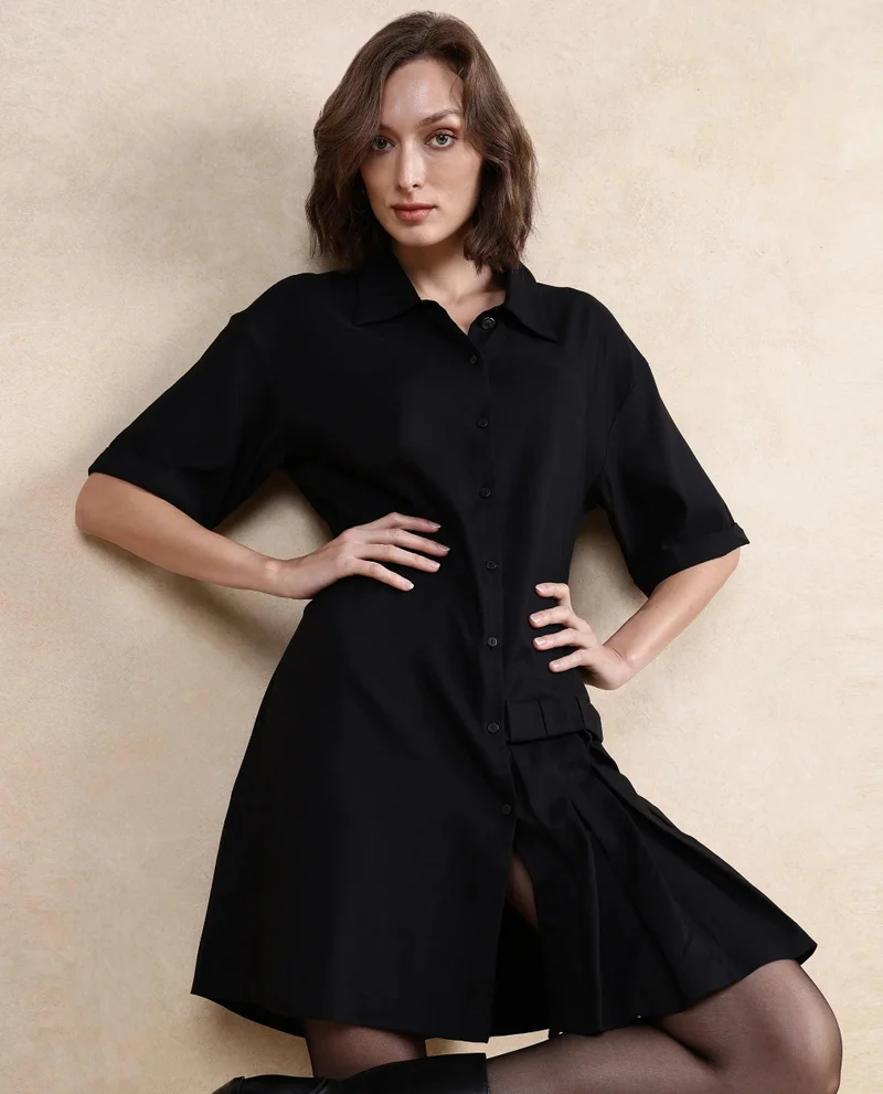 ريريزم Rareism Women's Dilijan Black Cotton Blend Fabric Drop Collar Button Closure Half Sleeve Plain Asymmetric Knee Length Dress