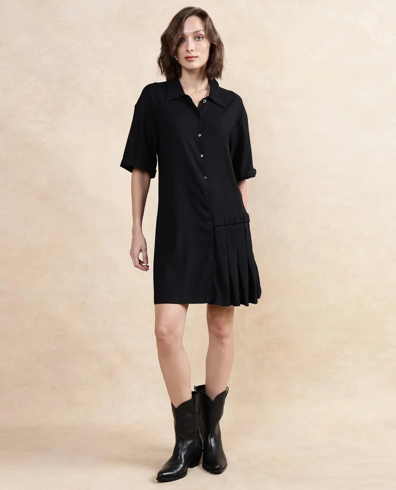Rareism Women's Formal A-Line Shirt Dress With Pleats
