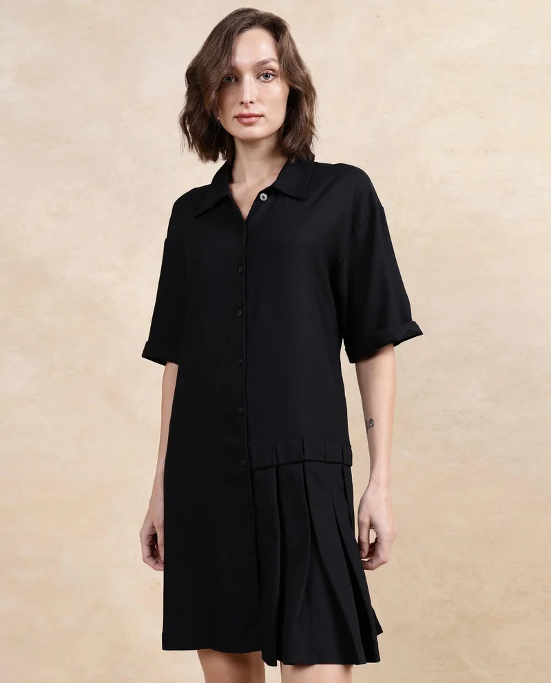 Rareism Women's Formal A-Line Shirt Dress With Pleats
