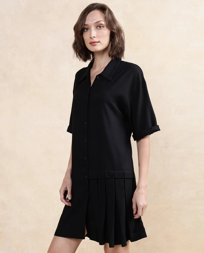 Rareism Women's Formal A-Line Shirt Dress With Pleats