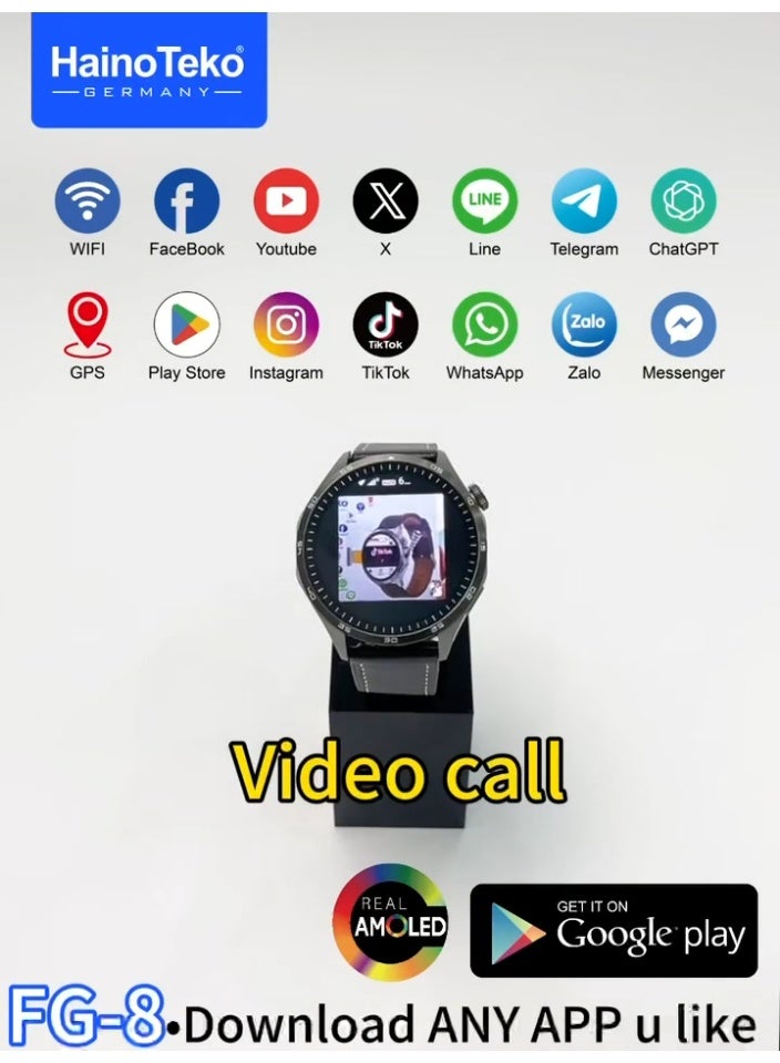 Haino Teko ساعة هينو تيكو FG-8 الذكية بنظام أندرويد مع دعم شريحة 5G شاشة AMOLED حقيقية وكاميرا دوارة وحزامين مصممة للرجال باللون الأسود - Image 4