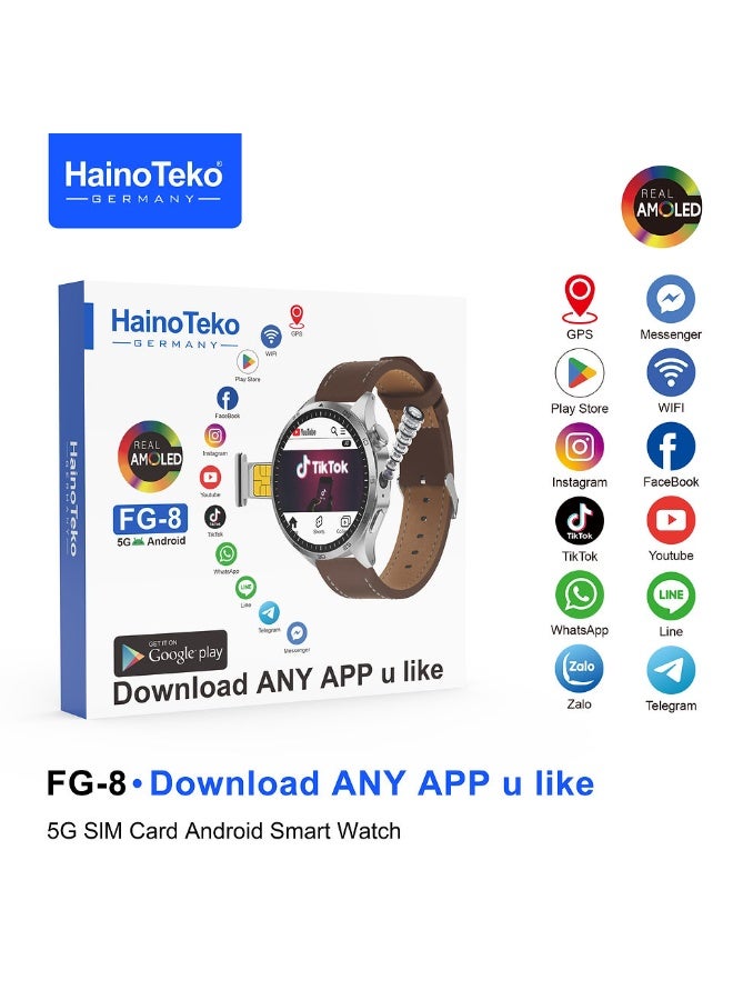 Haino Teko FG-8 Android Smart Watch with 5G SIM Support Real AMOLED Display Rotating Camera and 2 Pair Straps Designed for Men Black