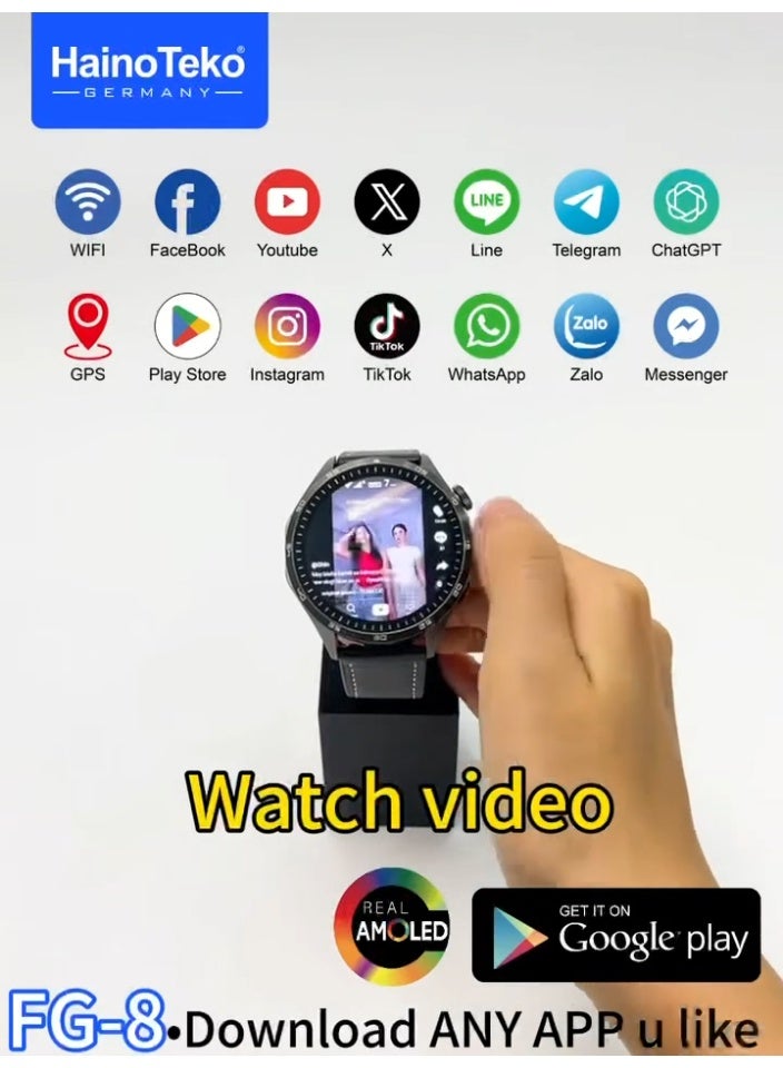 Haino Teko ساعة هينو تيكو FG-8 الذكية بنظام أندرويد مع دعم شريحة 5G شاشة AMOLED حقيقية وكاميرا دوارة وحزامين مصممة للرجال باللون الأسود - Image 3