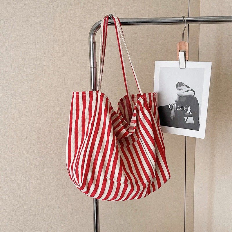 Korean Style Simple Striped Shopping Bag Large Capacity New Artistic Fresh Style Canvas Bag Women'S All-Match Bag