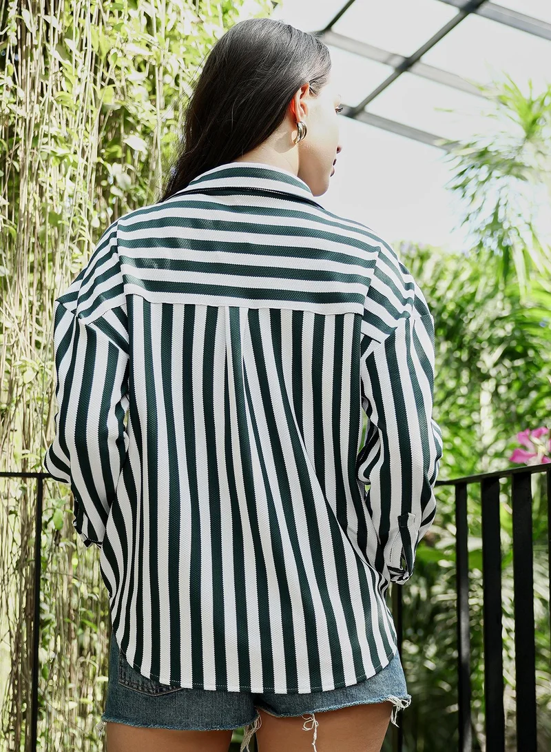 PINACOLADA  Women's Emerald Green Candy-Striped Tactile Oversized Shirt for Women | Best Price UAE