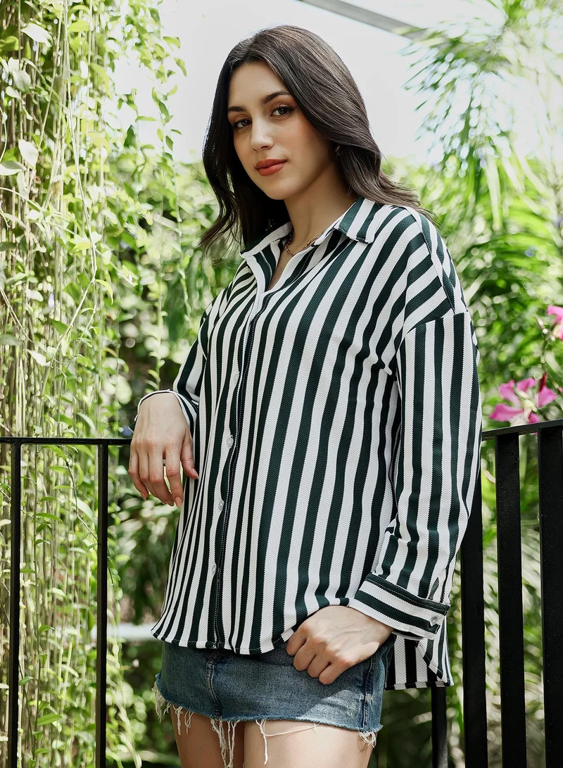 PINACOLADA  Women's Emerald Green Candy-Striped Tactile Oversized Shirt for Women | Best Price UAE