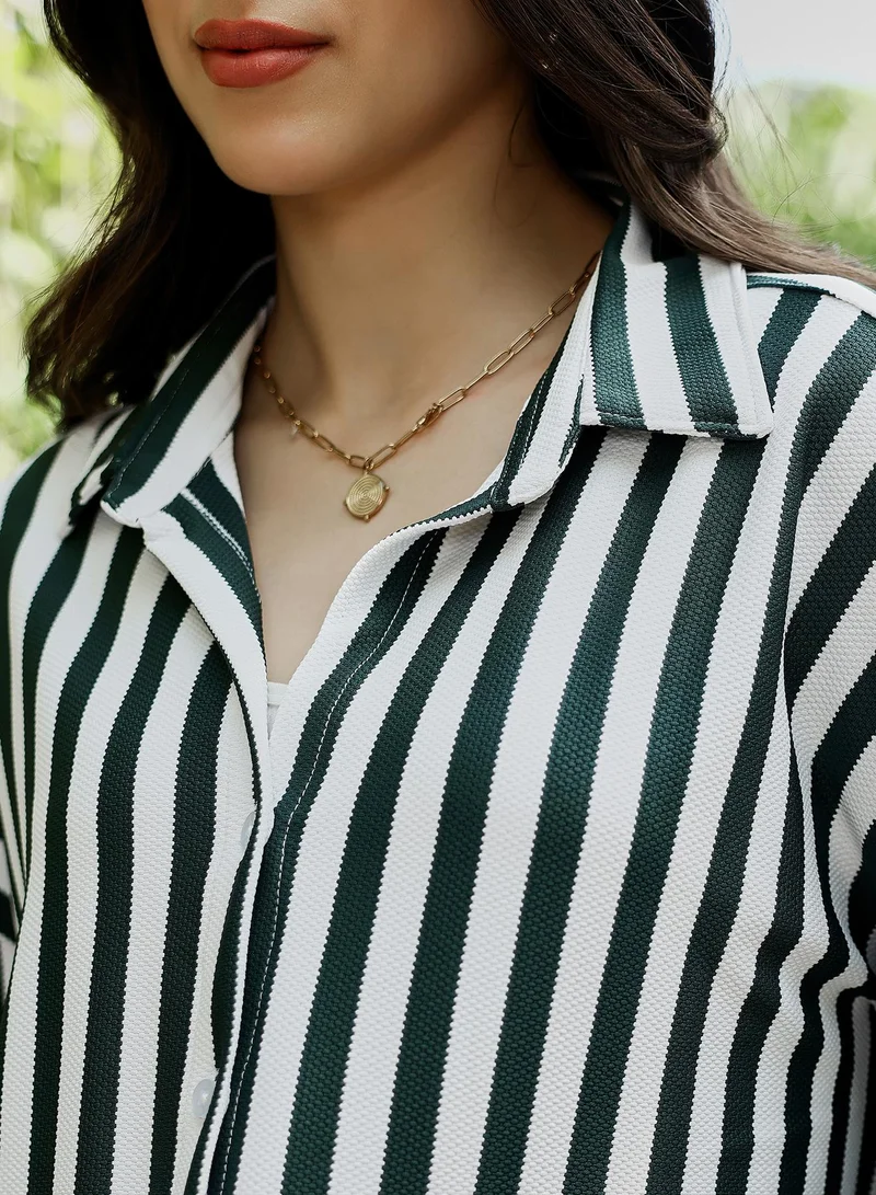 PINACOLADA  Women's Emerald Green Candy-Striped Tactile Oversized Shirt for Women | Best Price UAE