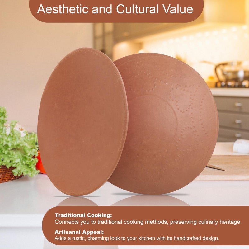 PALVIT CLAY ART GALLERY (P.C.A.G) طاسة بالفيت الطينية لعمل الروتي (9 بوصة) | طاسة من الطين | طاسة طينية للطهي على الغاز | طاسة روتي مصنوعة يدويًا من الفخار مع مقبض باكليت (بني) - Image 2