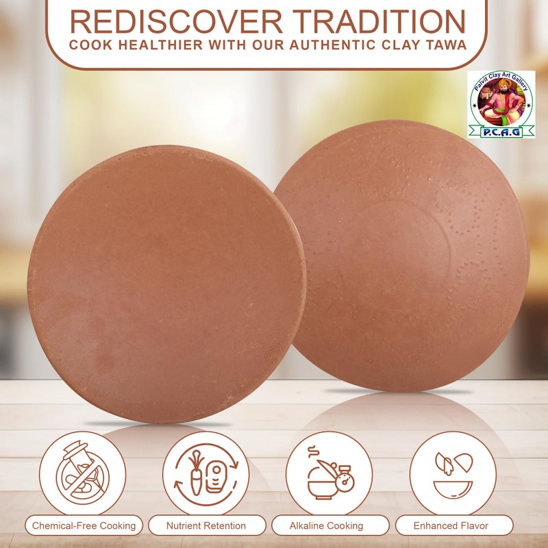 PALVIT CLAY ART GALLERY (P.C.A.G) طاسة بالفيت الطينية لعمل الروتي (9 بوصة) | طاسة من الطين | طاسة طينية للطهي على الغاز | طاسة روتي مصنوعة يدويًا من الفخار مع مقبض باكليت (بني) - Image 4