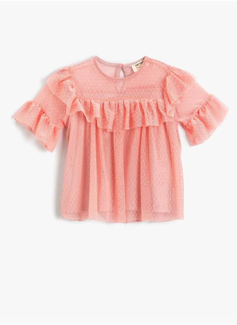 كوتون Fluffy Ruffled Sleeves Tulle Crew Neck T-Shirt