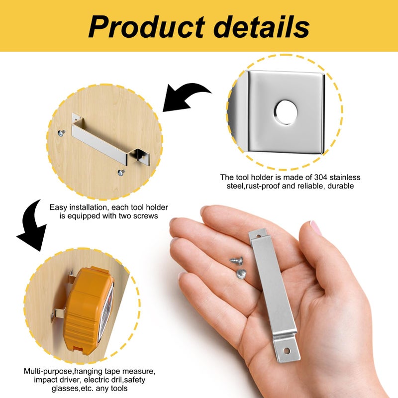 maycelon Tape Measure Clip Tape Measure Holder Bench Belt Universal Tool with Screws Stainless Steel Tool Hanger Storage Dock for Mount Drill Power Tape Measures and Belt Clips (6 Pcs, Silver) - Image 4