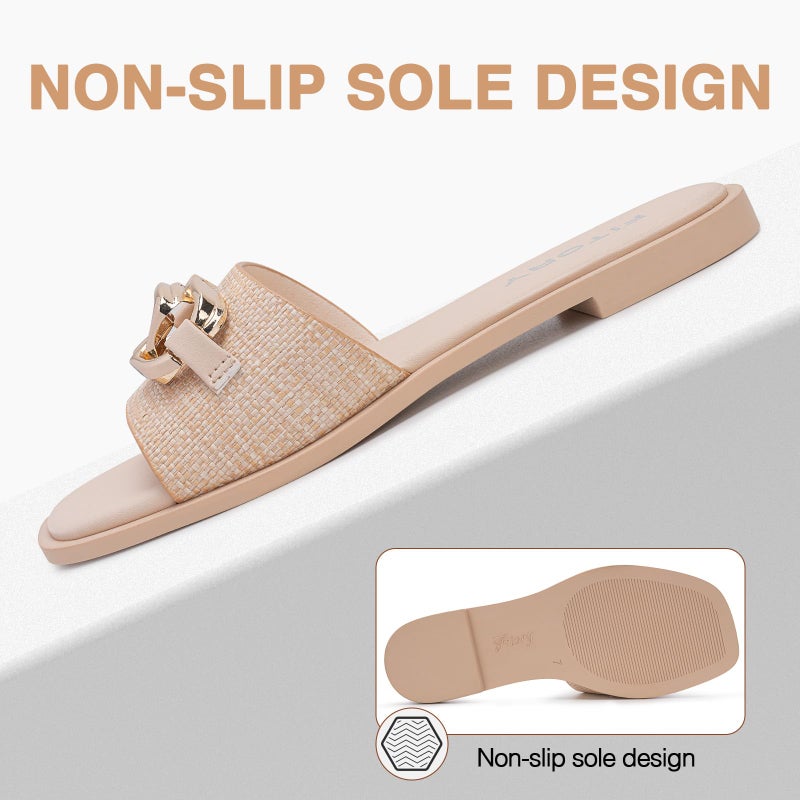 FITORY Women's Flat Sandals Fashion Slides With Soft Leather Slippers for Summer Raffia Size 8 - Image 4