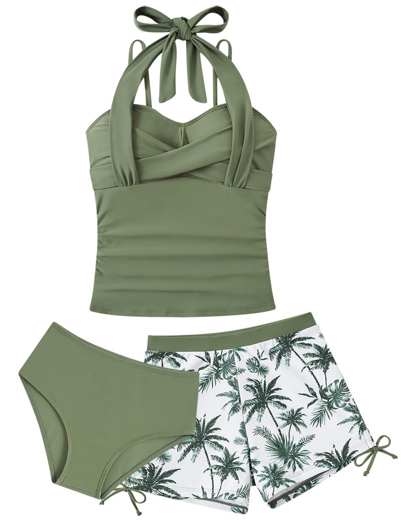 ALISISTER Girls Tankini Swimsuit Size 10 12 Teens Swim Bathing Suit Kids 3 Piece Juniors Olive Green Bikini Swim Short Tummy Control Halter Modest Swimwear with Swim Short - Image 1