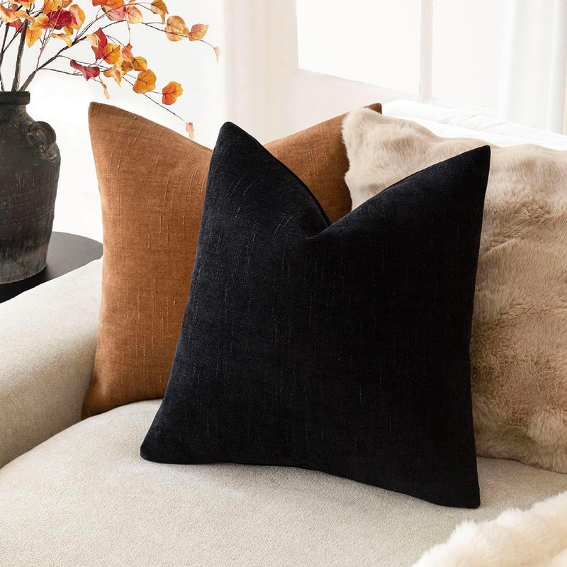 Foindtower Pack of 2 Soft Textured Chenille Throw Decorative Pillow Covers Square Accent Solid Cushion Cover Cozy Farmhouse Pillow Case with Zipper for Couch Sofa Bedroom Living Room 22x22 Inch, Black - Image 5