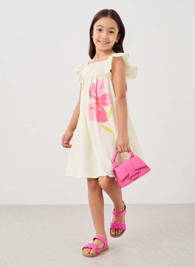 Styli Girls Graphic Print Smocked Yoke Dress with Ruffled Sleeves - Image 1