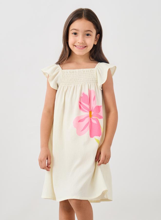 Styli Girls Graphic Print Smocked Yoke Dress with Ruffled Sleeves - Image 2