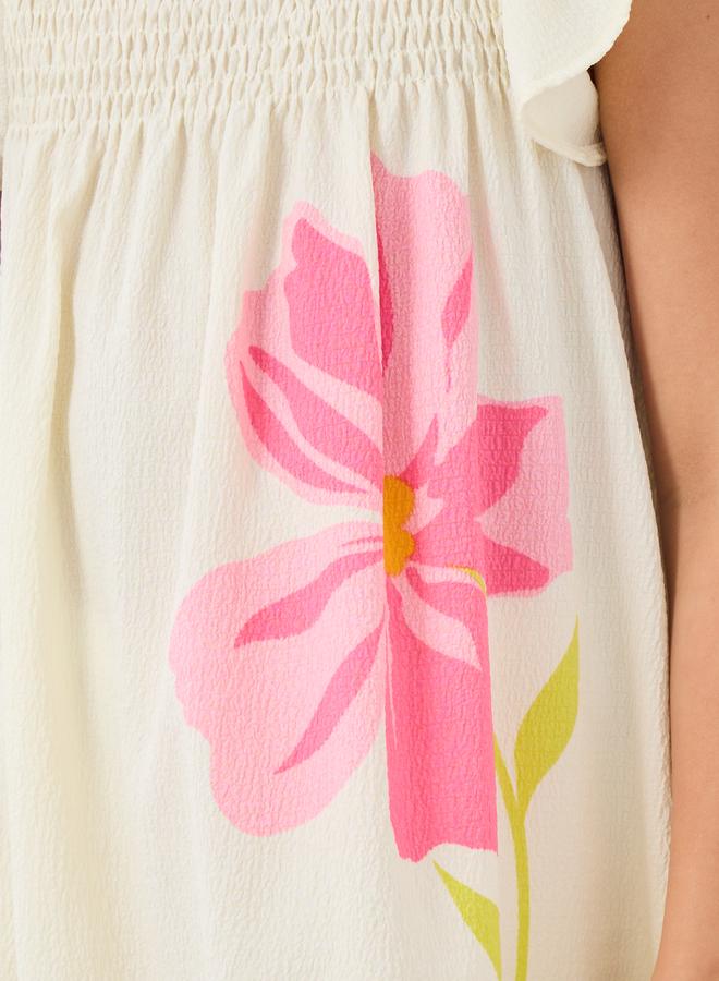 Styli Girls Graphic Print Smocked Yoke Dress with Ruffled Sleeves - Image 3