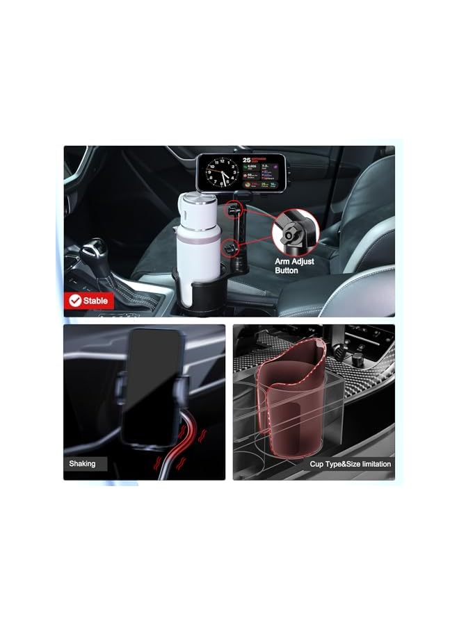 Green Tiger Cup Holder Phone Mount, Upgraded 2 in 1 Cup Holder Expander for Car Long Arm with 360°Rotation Cup Holder Cell Phone Holder for Car Compatible with 4-7 inches Smartphones - Image 2