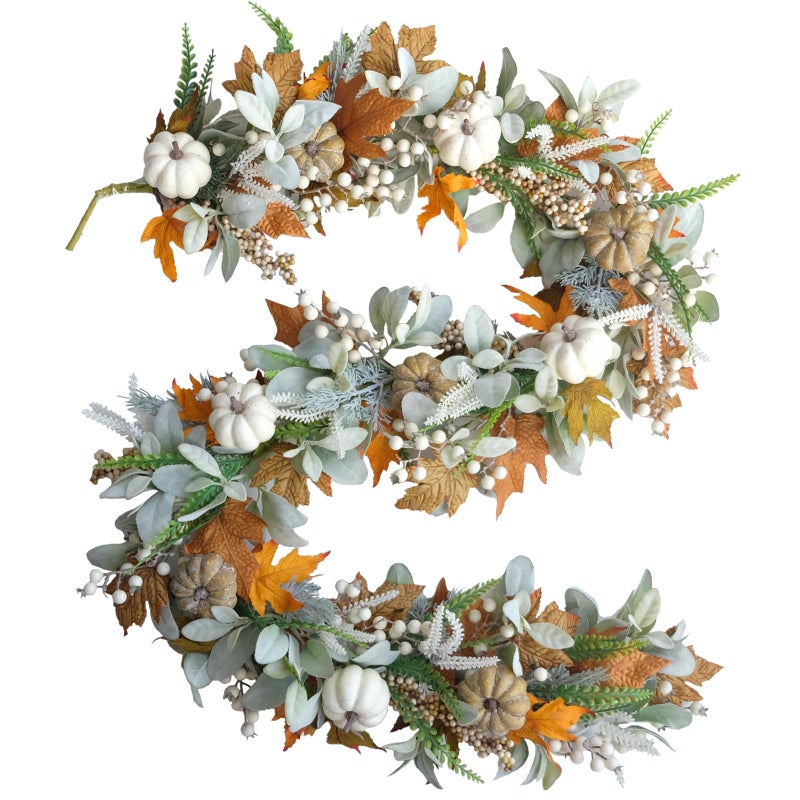 CIR OASES Thanksgiving Fall Wreath Eucalyptus Berries Pumpkins Lamb Ears Leaves Autumn Wreaths for Front Door Fall Decor Porch Wall Home Outdoor Holiday Decorations Pumpkin Garland